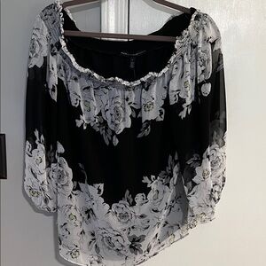 White House Black Market Monochrome Floral Blouse